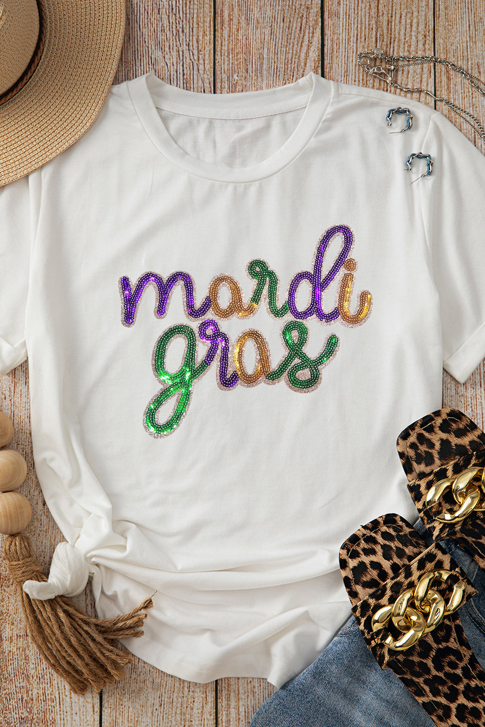 White Sequin mardi gras Graphic Shirt
