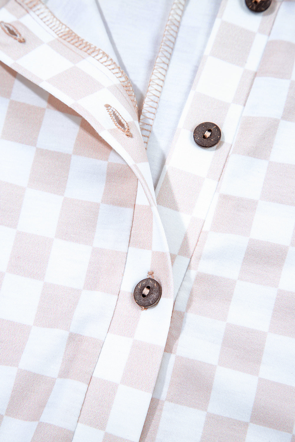 Apricot Checkered Print Buttoned Crew Neck Wide Leg Jumpsuit