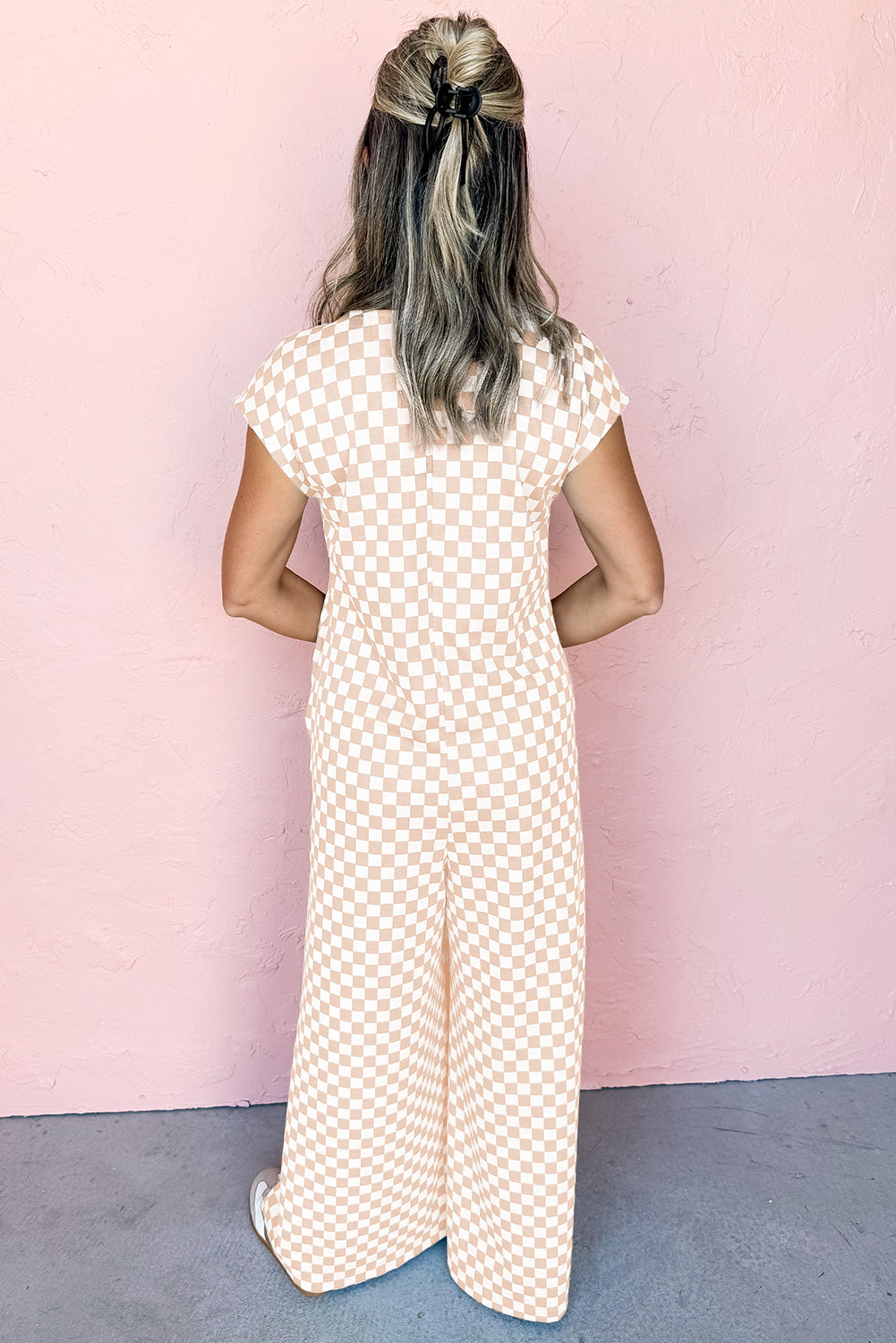 Apricot Checkered Print Buttoned Crew Neck Wide Leg Jumpsuit