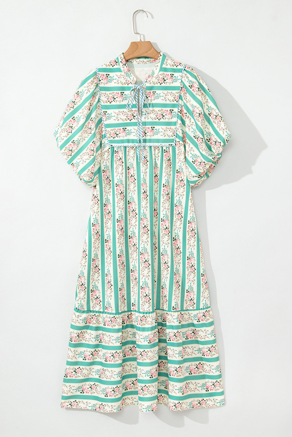 Multicolour Striped Floral Print Tie Split Neck Puff Sleeve Midi Dress