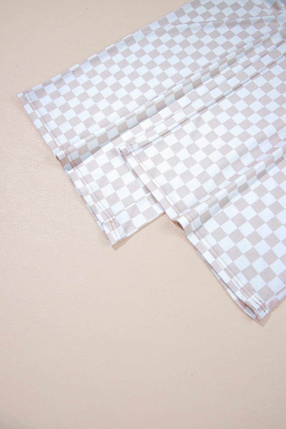 Apricot Checkered Print Buttoned Crew Neck Wide Leg Jumpsuit