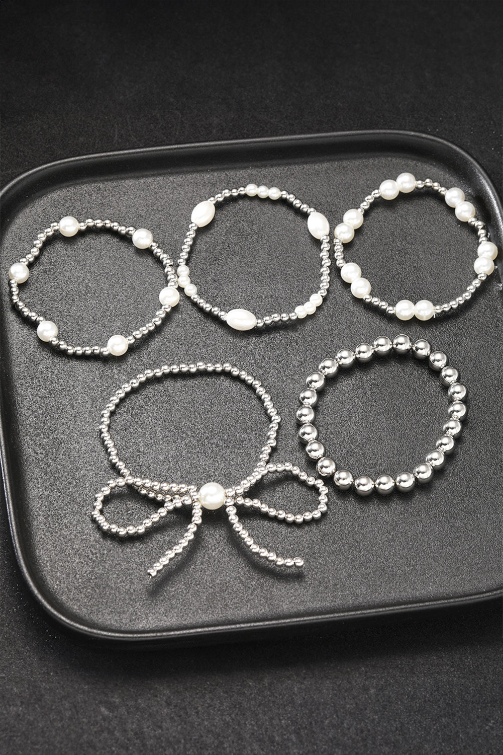 Silvery Bow Knot Pearl Beaded Multi Layered Bracelet Set