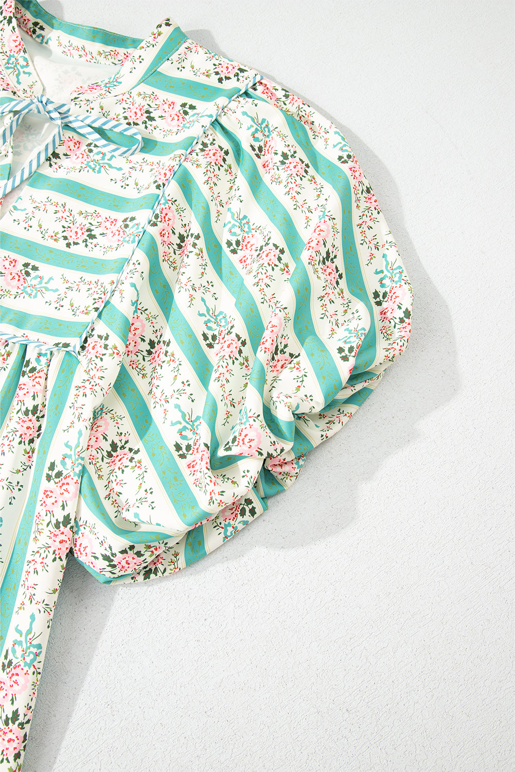 Multicolour Striped Floral Print Tie Split Neck Puff Sleeve Midi Dress