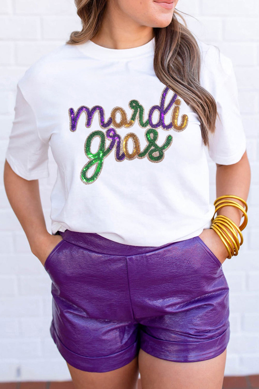 White Sequin mardi gras Graphic Shirt