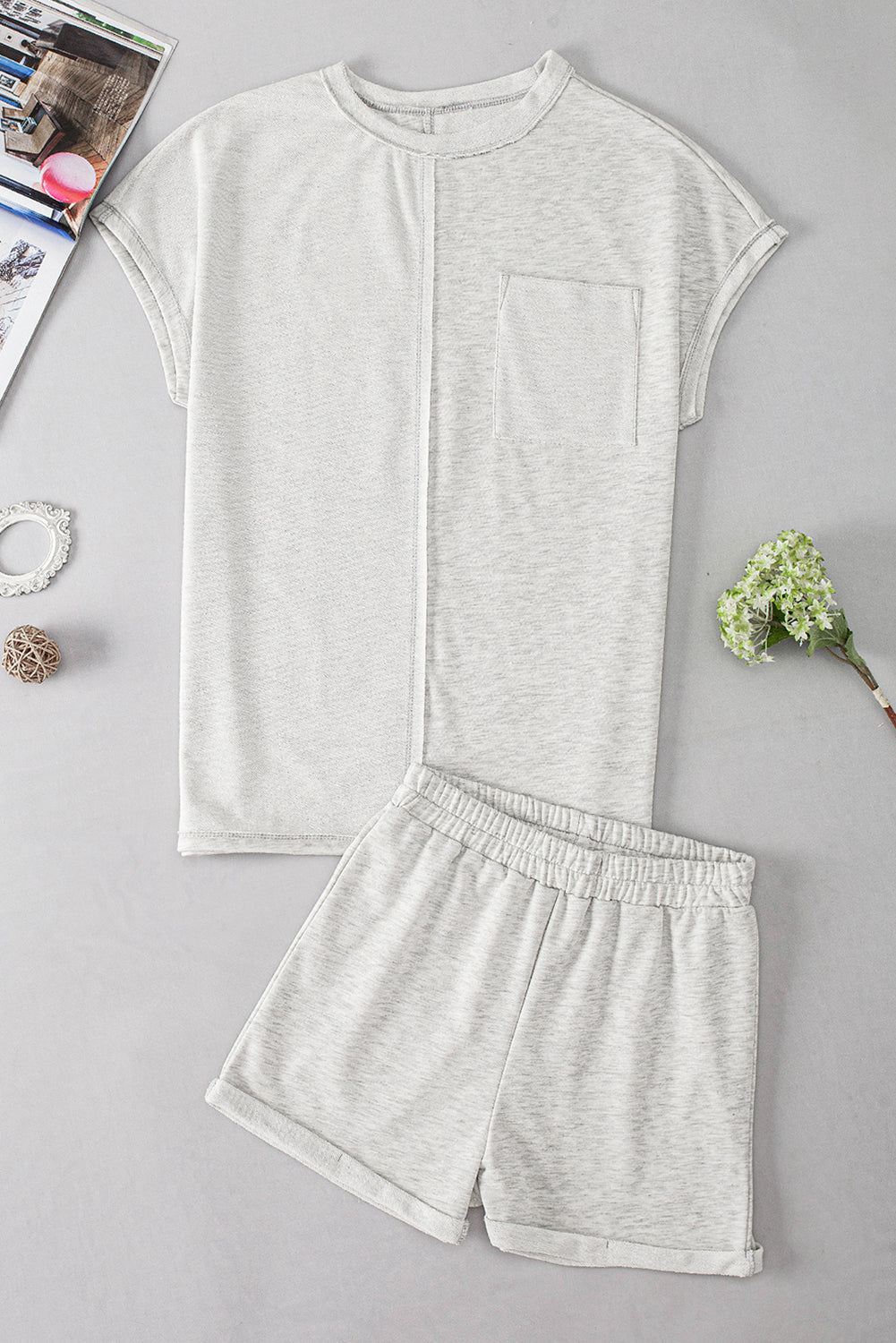Khaki Colorblock Chest Pocket Exposed Seam Tee and Shorts Set