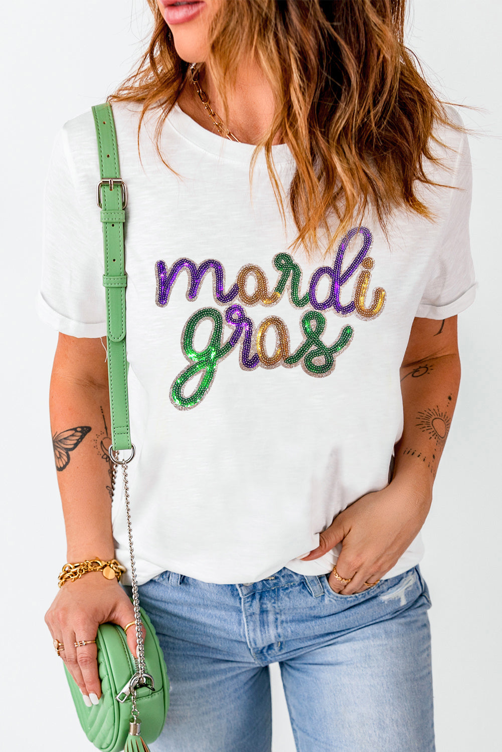 White Sequin mardi gras Graphic Shirt