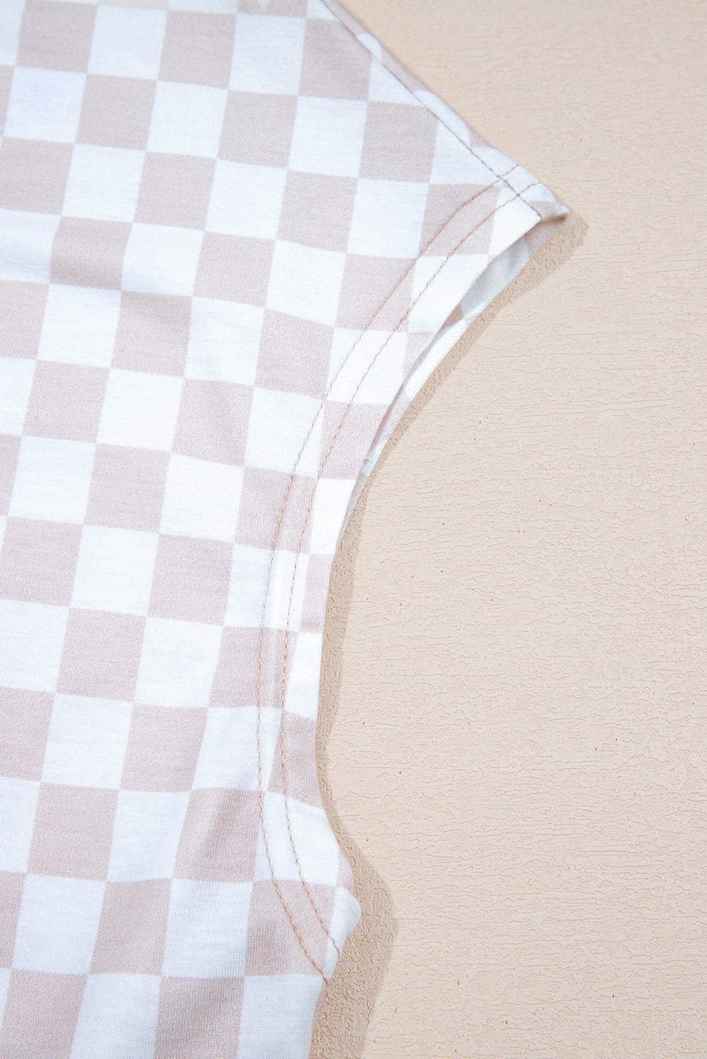 Apricot Checkered Print Buttoned Crew Neck Wide Leg Jumpsuit