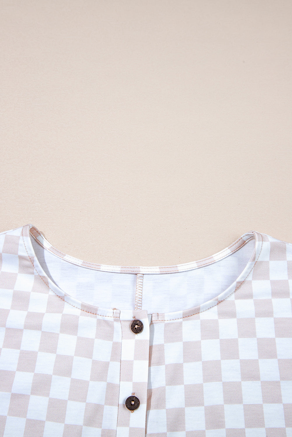 Apricot Checkered Print Buttoned Crew Neck Wide Leg Jumpsuit