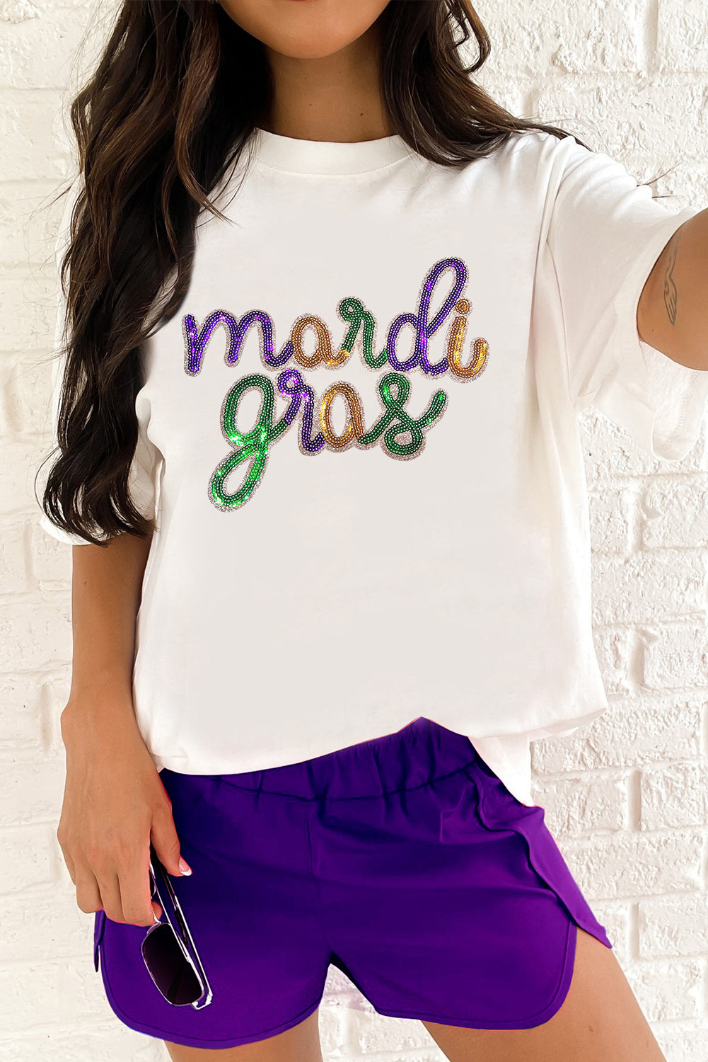 White Sequin mardi gras Graphic Shirt