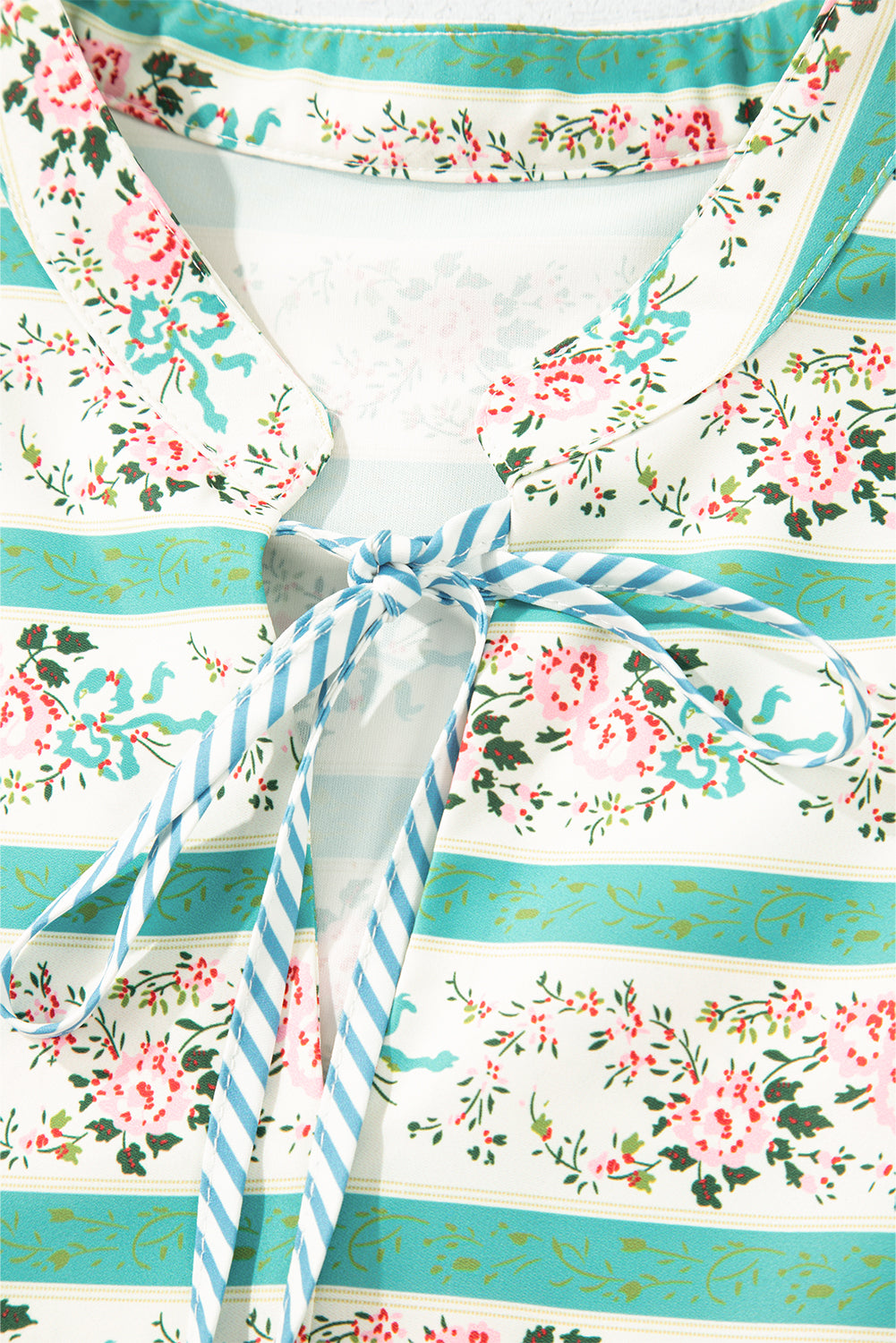 Multicolour Striped Floral Print Tie Split Neck Puff Sleeve Midi Dress