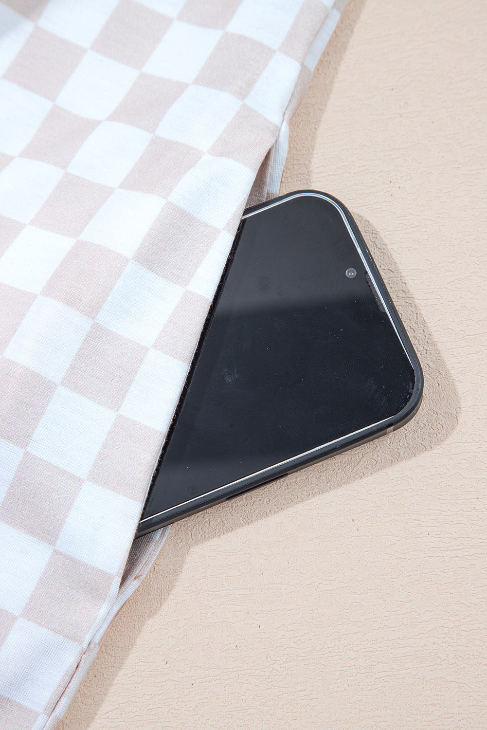 Apricot Checkered Print Buttoned Crew Neck Wide Leg Jumpsuit