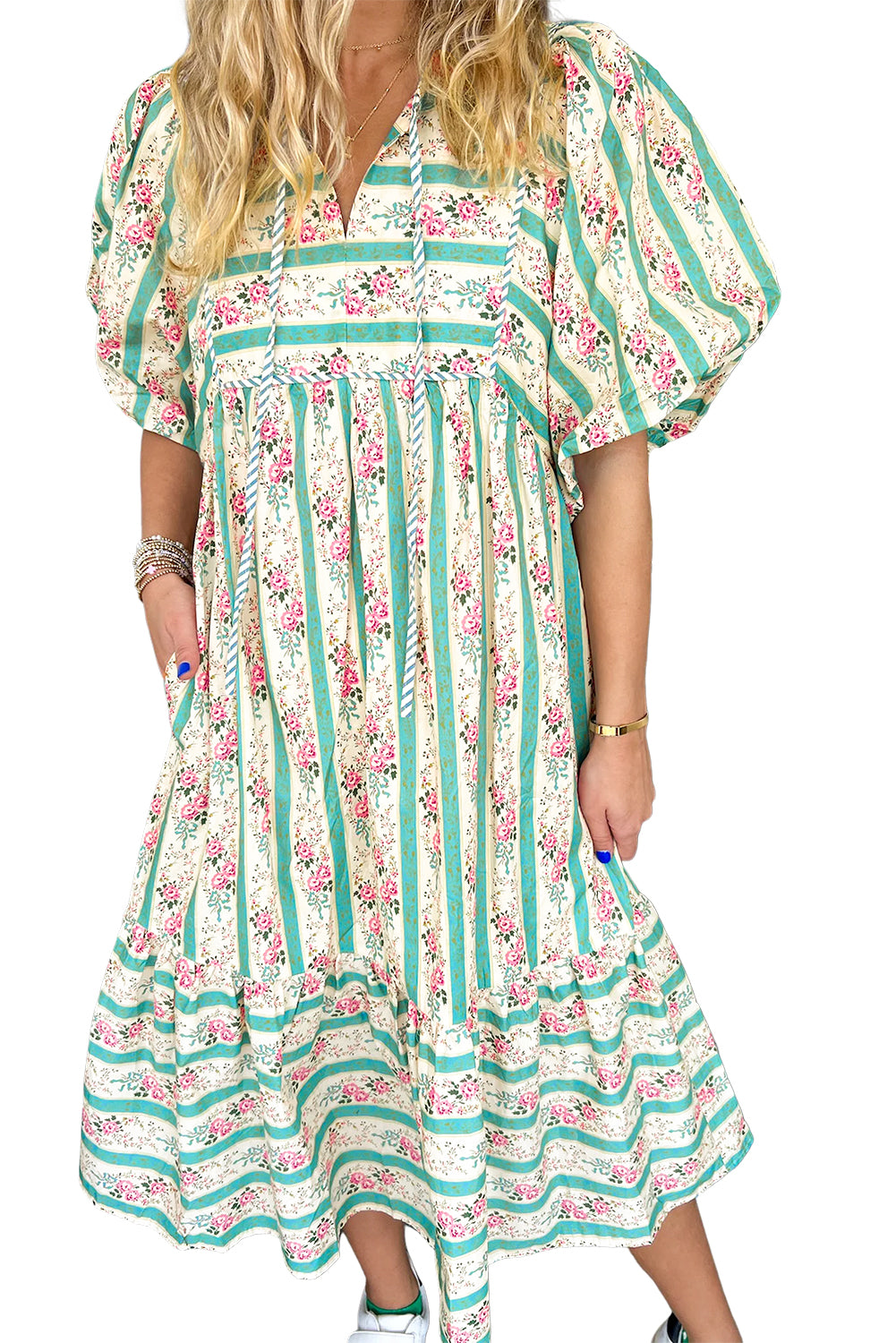 Multicolour Striped Floral Print Tie Split Neck Puff Sleeve Midi Dress