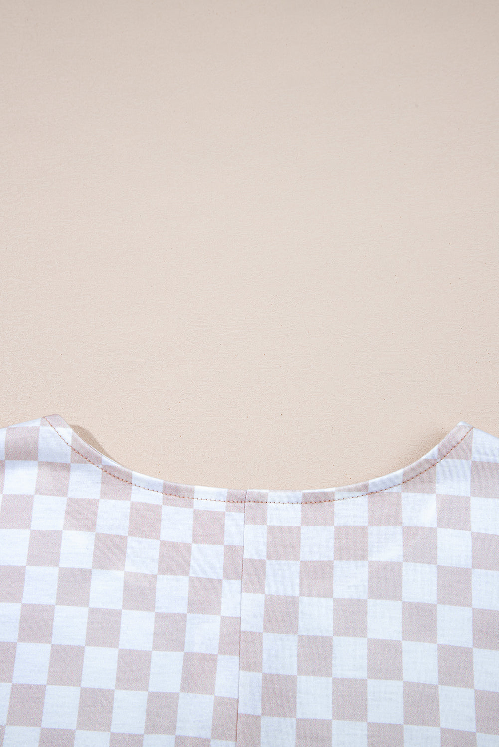 Apricot Checkered Print Buttoned Crew Neck Wide Leg Jumpsuit