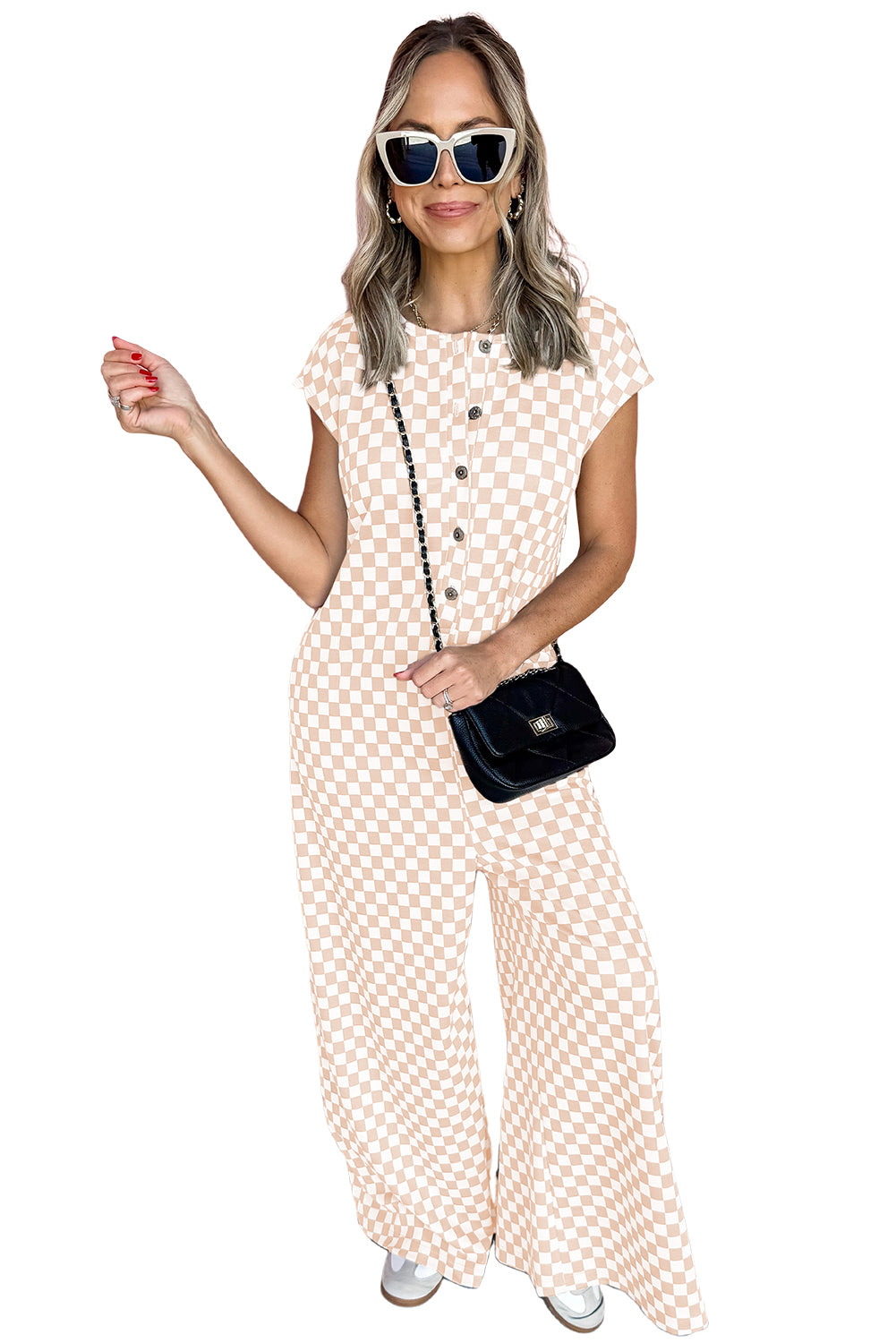 Apricot Checkered Print Buttoned Crew Neck Wide Leg Jumpsuit