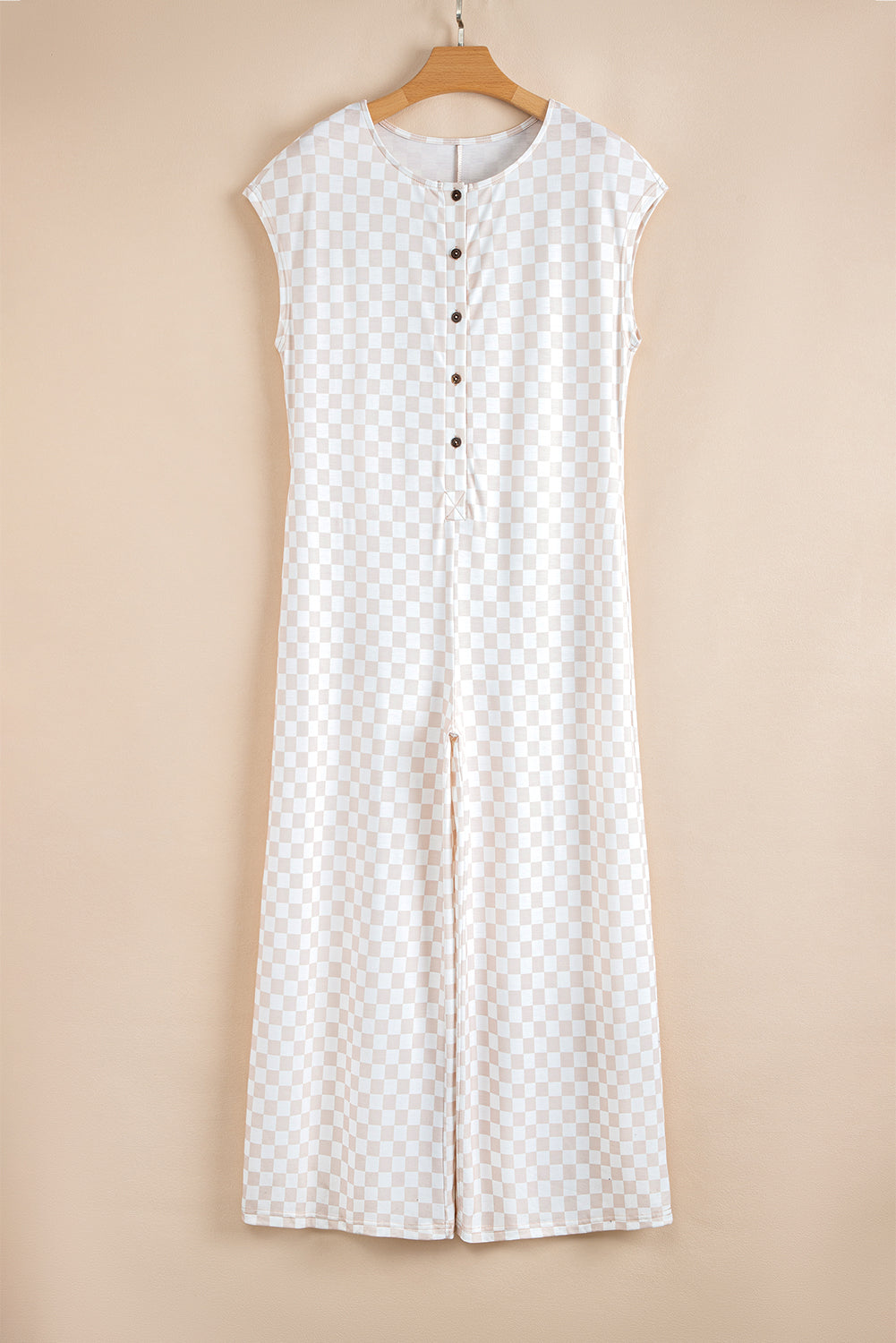 Apricot Checkered Print Buttoned Crew Neck Wide Leg Jumpsuit