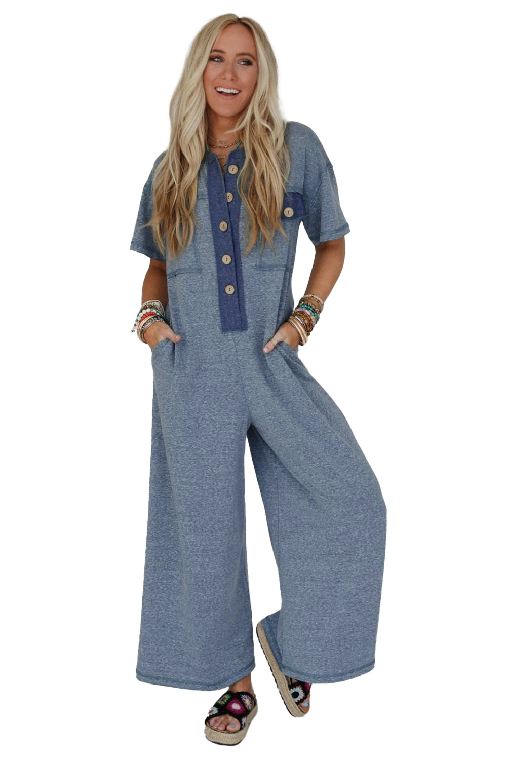 Beau Blue Half Placket Chest Pockets Short Sleeve Wide Leg Jumpsuit