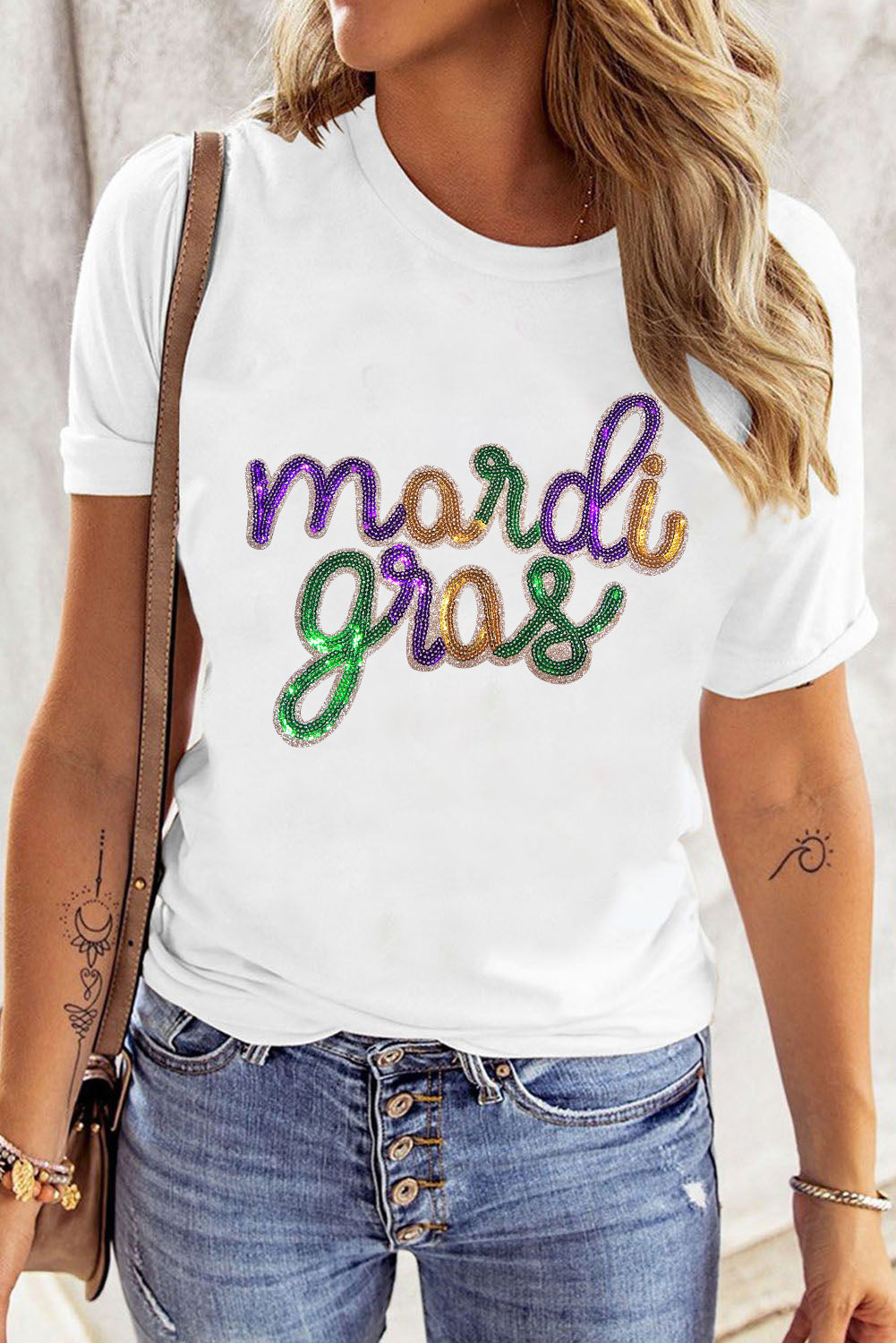 White Sequin mardi gras Graphic Shirt