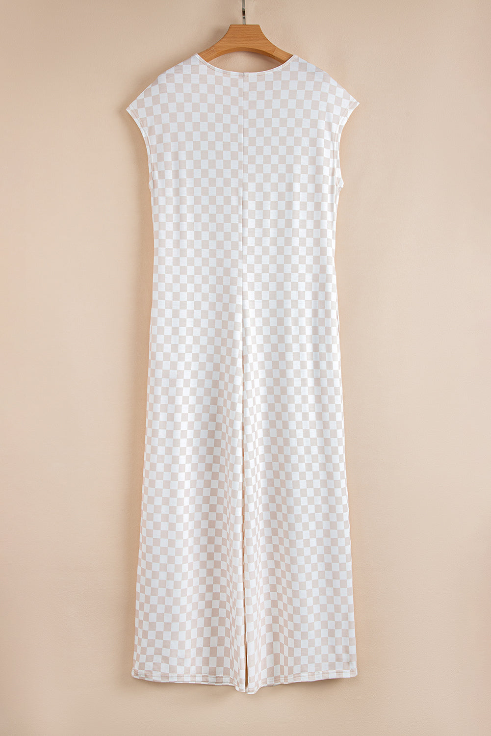 Apricot Checkered Print Buttoned Crew Neck Wide Leg Jumpsuit